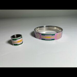 Enamel bangle bracelet and ring set tribal pink green AKA